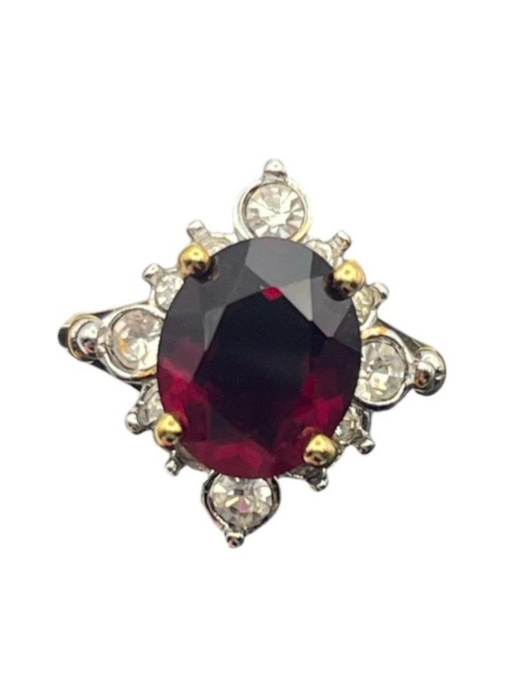 18k HGE gold electroplate burgundy CZ halo flower cluster ring size 6 vintage